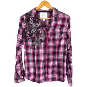 Chic Pink and Black Plaid Blouse with Embroidery